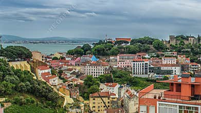 Lisbon, Portugal skyline towards Sao Jorge Castle.