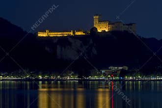 Beautiful night view of the Rocca Borromea di Angera, overlooking the Lago Maggiore, Italy