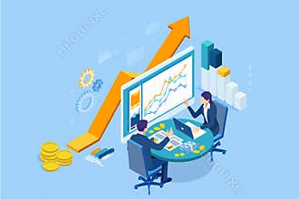 Isometric web business concept of financial administration, accounting, analysis, audit, financial report. Auditing tax