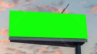 Timelapse - blank green billboard and moving sunset clouds against blue sky