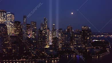 Drone footage with slow approach in front of New York City skyline