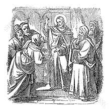 Vintage Drawing of Biblical Story of Jesus Talking with Priests and Teachers in Temple in Jerusalem about His Authority
