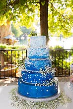 Blue wedding cake with baby`s breath