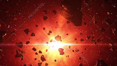 4K. Asteroids Belt In The Rays Of Red Star.