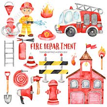 Watercolor set clipart with cute cartoon fire station, fireman, fire truck and fire equipment for kids