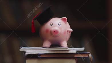 Piggy bank wearing graduation cap