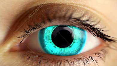 Closeup woman eye technology effect green screen animation zoom in