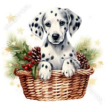 A dalmatian puppy is sitting in a basket. Pets, winter clipart.
