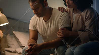 African American woman wife girlfriend calming comforting support sad upset offended man apologizing ask forgiveness