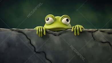 Frog on the wall. Frog peeking out.