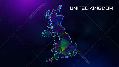 United Kingdom Map Polygonal Blue Purple Colorful Connected Lines Dots And Facet Wireframe Network With Text On Hazy Flare Bokeh
