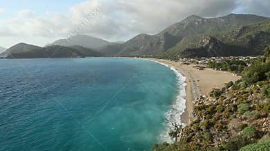 Above view of scenery sea lagoon. Famous Oludeniz beach in Turkiye