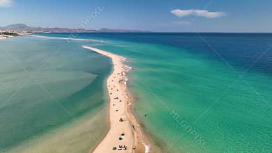 Aerial view of golden sand and crystal sea water on the Canary