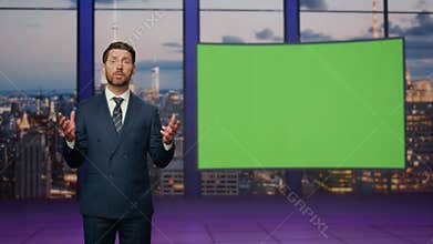 Professional newsreader talking mockup monitor standing stage television studio.