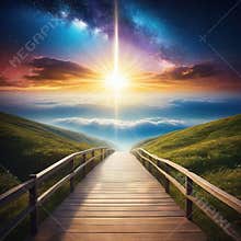 way to horizon with cloudy sky and star galaxy glow idea for spiritual knowing yourself and god concept