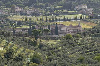 Panoramic aerial view of the Certosa di Calci, Pisa, Italy and surroundings