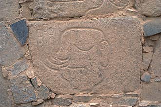 Relief representing warriors, perpetrators of the sacrifices at archaeological complex Sechin near Casma (
