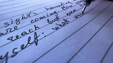 Macro footage of hand written words: sights coming reach but what would our world. Close-up writing a letter. Diary with