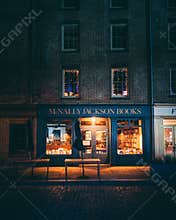 McNally Jackson Books at night, in the Seaport, Manhattan, New York