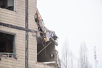 A house blown up by a Russian rocket in the city of Dnipro on Pobeda Street in Ukraine, War in Ukraine, a rocket attack on
