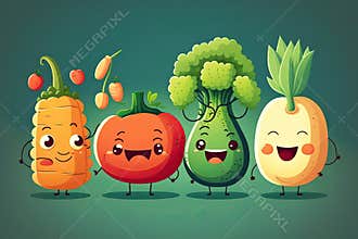 Colorful illustrations of cute fruits and vegetables in flat style. Fun food characters for kids