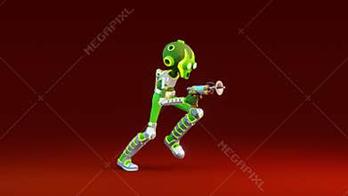 3D green alien with a blaster