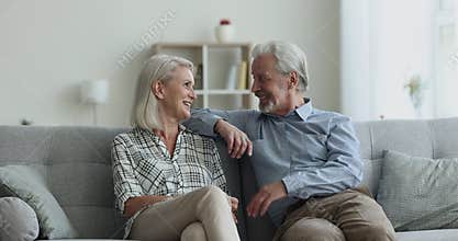 Attractive mature couple lead conversation seated on sofa