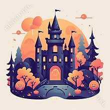 Banner for Halloween, horror concept. Illustration with a sinister castle and haunted cartoon style