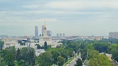 Moscow, Russia - 08.08.2023 -Areal view of Exhibition of Achievements of National Economy site, known as VDNKH. City