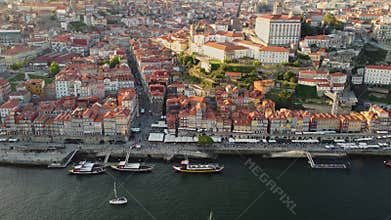 The Old City Of Porto In Portugal, Europe, 4K Aerial Skyline Drone View, Sunset. 20 august 2023