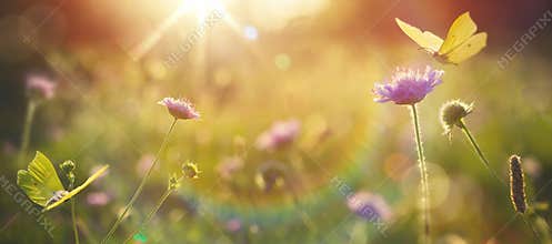 Abstract summer autumn field landscape at sunset with soft focus. dry ears of grass in the meadow and a flying butterfly, warm