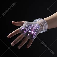 Human hand in augment reality glove with futuristic interface. Generative AI