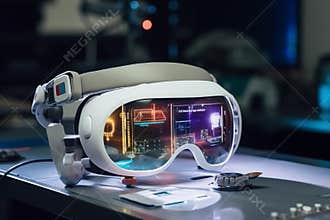 Augment reality headset with futuristic light on table. Generative AI