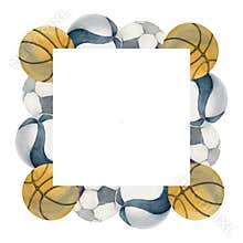 Hand drawn watercolor sports equipment, basketball volleyball soccer football, health fitness lifestyle. Illustration
