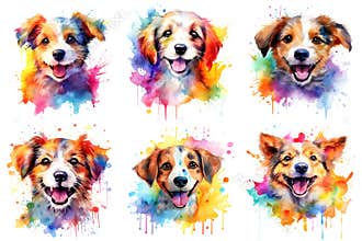 A set of six pictures of cute dogs or pups, watercolor clipart on white background.