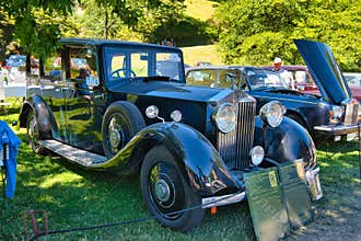 BADEN BADEN, GERMANY - JULY 2022: black ROLLS-ROYCE Silver Wraith HP 20-25 Park Ward Six Saloon construction 1934, oldtimer