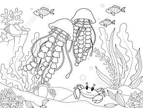Seabed, marine animals. The jellyfish swims among algae and other fish. Coloring book, raster children.