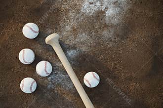 Baseball bats and ball on a baseball field, 3d