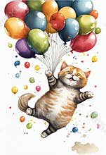 Funny cat flies on balloons. AI generated