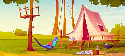 Cartoon camp with tent, grill and hammock
