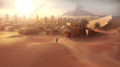 Aerial back view Full length of Arabic woman in traditional black clothes standing in the desert in front of village.