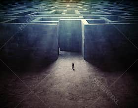 Tiny man entering a mze