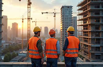 Construction workers in hard hats, safety vests discuss next phase of building development. Team of engineers, architects,