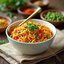 Tasty veg Maggi noodles in white bowl. Vegetarian dish with masala spices vegetables. Quick lunch or dinner recipe for kids.