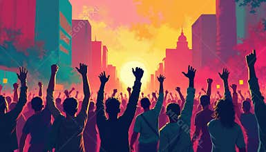 Illustration of protest crowd in city street. Activists raise hands, fists for human rights, social justice. People demonstrate,