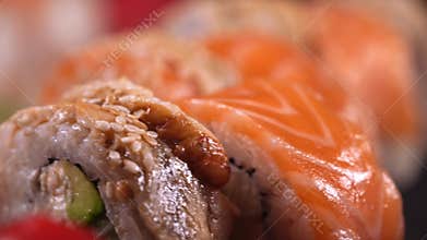 Close-up of a set of sushi rotating on a plate.