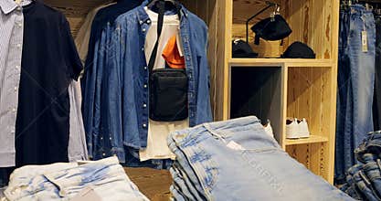 Multiple denim shirts, t shirts, jeans, and accessories are neatly arranged on hangers and shelves in a modern clothing