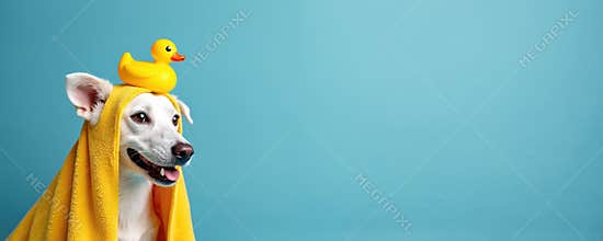 Dog with yellow towel, rubber ducky on head. Blue background. Playful pet portrait, home spa day. Cute puppy happy, fun,
