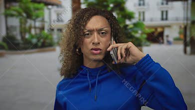 Woman holds smartphone to ear with raised hand and furrowed brow on urban city street in front of building; frustration concern