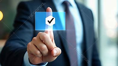 Businessman hand touching to tick correct sign mark on checkbox from checklist , Business selection choice concept.